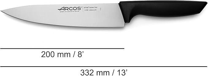 Arcos Chef Knife 8 Inch Nitrum Stainless Steel Blade - Polypropylene Black Handle - Lightweight and Durable for Everyday Use. Niza Series. Color Black. Niza Series