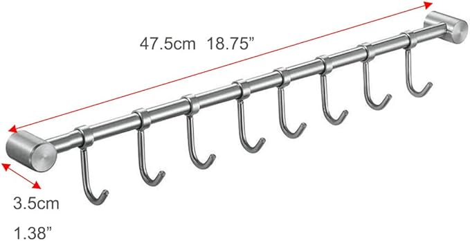 Premium Stainless Steel Kitchen Tool Utensil Organizer Bar Rack with Movable Hooks for Pan Pot Spoon Towel (Transitional, 8 Hooks)
