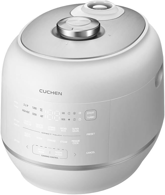 Cuchen 10-Cup Premium IH Pressure Rice Cooker with 316Ti Stainless Steel Inner Pot, 2.1 Bar High Pressure for Multi-Grain & Canning, Auto Steam Clean, White (CRT-RPD1010IEWUS)