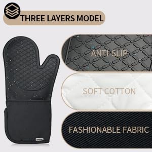 Oven Glove Cute,Cooking Mittens,Oven Mittens for Kitchen,Oven Gloves for Kitchen,Washable Silicone Oven Mitts Heat Resistant 500°F, Potholders for Kitchens Cooking Baking(Black