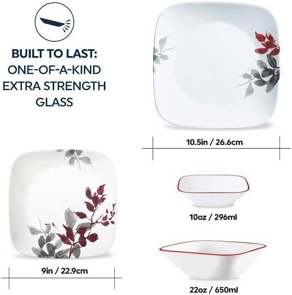 Corelle Kyoto Leaves 16pc, Service for 4, Dinnerware Set, 8 plates bowls, Chip & Break Resistant, Dinner and Corelleware White