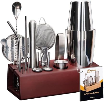 Cocktail Shaker Set Bartender Kit with Bamboo Stand, 15-Piece Stainless Steel Bar Set Accessories, Professional Bartending Kit Home Bar Tools Set with Recipes (Silver, Brown Stand)