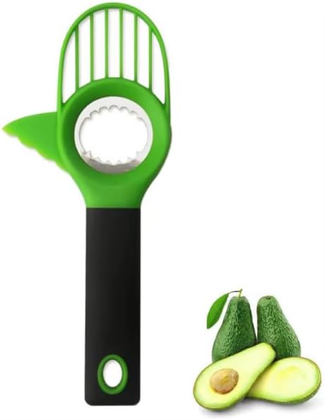 Avocado Slicer 3-in-1 Tool – Stainless Steel Cutter, Pitter, Corer with Non-Slip Grip Handle – Multifunctional Avocado Seed Remover Cutter for Fruit & Kitchen Use (Green Black)