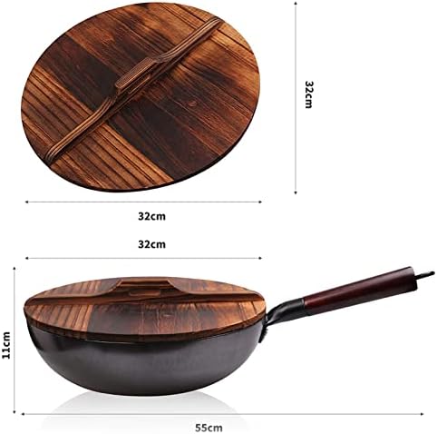 Chinese Carbon Steel Wok with Wooden Lid, Stir Fry Pan Flat Bottom Pan for Electric Stove, Induction Cooker and Gas Stove(12.5 Inch)