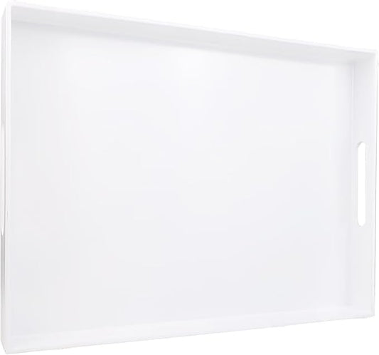 White Serving Tray for Coffee Table, Rectangular Plastic Decorative Tray with Handles for Entertaining, Outdoor Patio, Living Room, Ottoman, Bathroom Counter, 11.8”*15.7”*1.6”