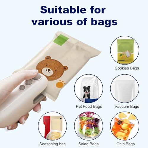 Mini Bag Sealer, 2-in-1 Portable Handheld Heat Sealing Machine with Cutter & Magnet, Rechargeable Snack & Chip Bag Resealer for Food Storage (White - 2 Pack)