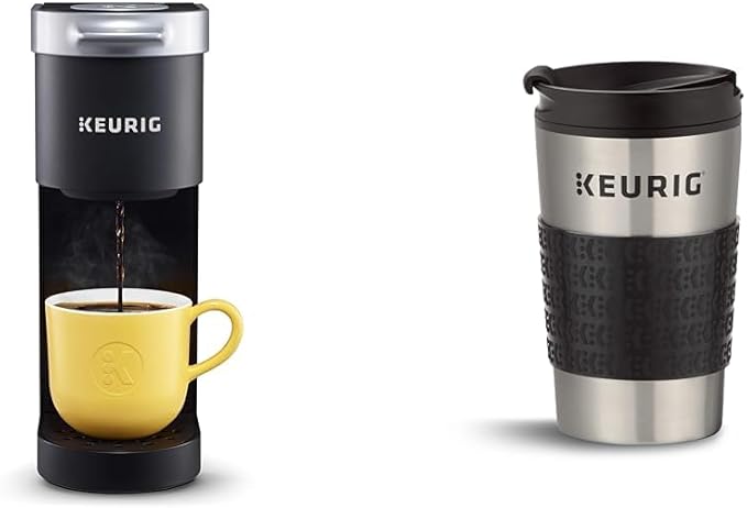 Keurig K-Mini Single Serve Coffee Maker, Black & Travel Mug Fits K-Cup Pod Coffee Maker, 1 Count (Pack of 1), Stainless Steel
