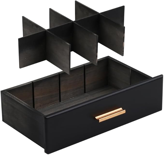 Tea Organizers and Storage Box with Drawer Tea Station organizer for Countertop with 8 Compartments Pine Wood Tea Bag Organizer with Drawer Teabag Holder with 4 Cotton Woven Coasters（Black02）