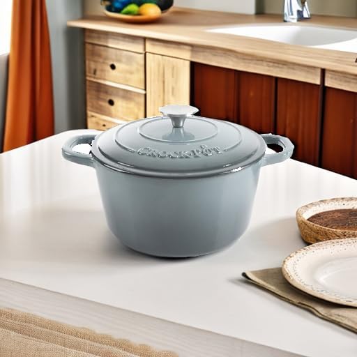Crock Pot Artisan 5-Quart Round Enameled Cast Iron Dutch Oven – Slate Gray, Heavy-Duty Cookware for Slow Cooking, Roasting, Baking with Lid