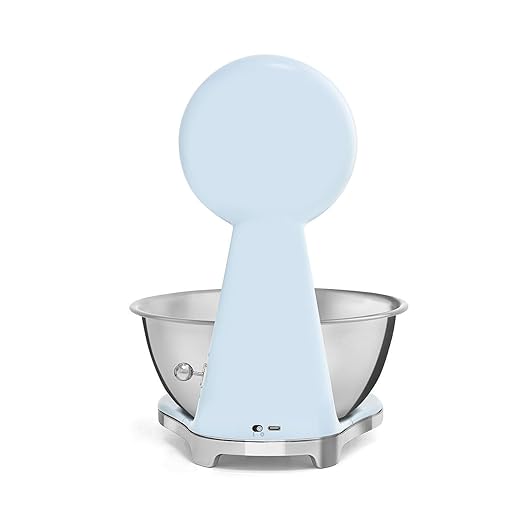 SMEG Retro-Style Analog & Digital Kitchen Scale, 11 lb Capacity, Rechargeable Battery, Backlit LCD Display, Stainless Steel Bowl (Pastel Blue)