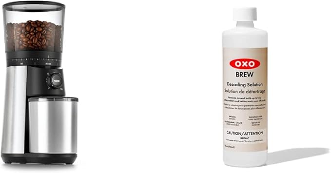 OXO Brew Conical Burr Coffee Grinder (Silver) and OXO BREW All-Natural Descaling Solution
