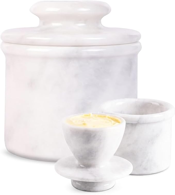Handcrafted Round Marble Butter Keeper | Elegant White Marble French Butter Dish | Ideal Kitchen Storage for Soft Butter | Classic Breakfast Companion (Regular Size) (White Marble)