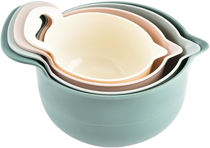 Mixing Bowls - 4 Piece Nesting Plastic Mixing Bowl Set with Pour Spouts and Handles - Non Slip Bottom and Measurement Markings (Light Green)