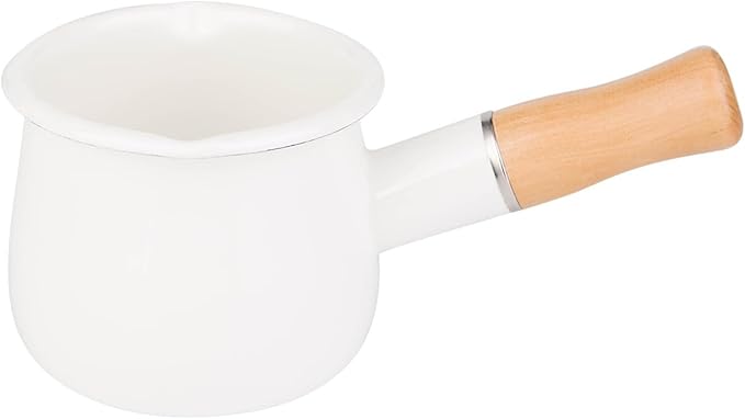 Enamel Milk Pot, Butter Warmer Non-stick Mini Saucepan, 4 Inch 17 Oz Small Cookware with Wooden Handle(White)