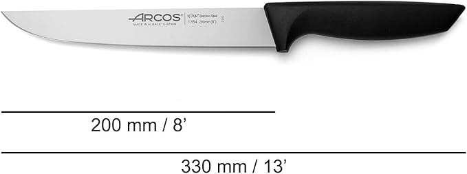 Arcos Kitchen Knife 8 Inch. Nitrum Stainless Steel Blade and Black Polypropylene Handle - Lightweight and Durable for Everyday Use. Niza Series