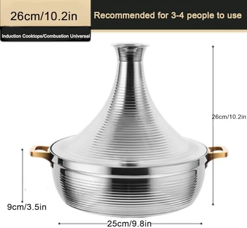 Large Stainless Steel Moroccan Tagine Pot, 30cm Non-Stick Tajine Casserole with Cone Lid & 2 Handles - Elegant Gold Design for Authentic Moroccan Cooking
