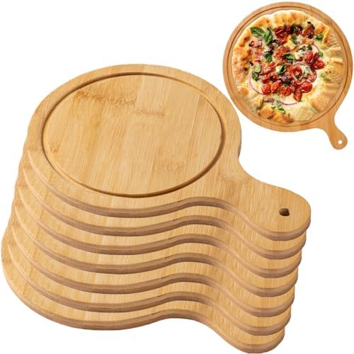 Pizza Serving Board Tray Set of 8, Wooden Lightweight Handles, Up to 13 Inches, Pizza Making Storage, Perfect for Parties and Gatherings,Light Brown,7inch