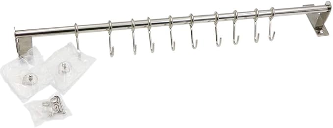 Kitchen Sliding Hooks, Stainless Steel Hanging Rack Rail Organize Kitchen Utensil Removable S Hook for Towel, Spoon, Coats, Bathrobe, BBQ,Wall Mounted Hanger (10 Hooks 23.6In)