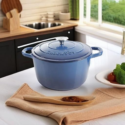 Crock-Pot Artisan 5-Quart Round Enameled Cast Iron Dutch Oven – Blue, Durable Heavy-Duty Cookware for Slow Cooking, Roasting, Baking with Lid