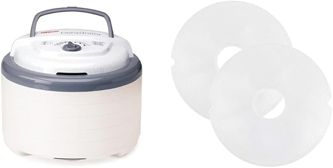 NESCO FD-75A Snackmaster Pro Food Dehydrator, For Snacks, Fruit, Beef Jerky, Gray & LM-2-6 Round Plastic Mesh 13 1/2" Clean-A-Screens, for Dehydrators, 2 Pack