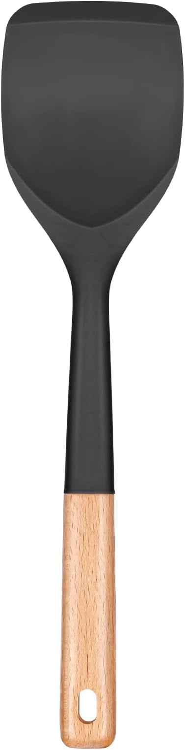 Nonstick Silicone Spatula, Non Scratch Flexible Edge for Pans, Slip Resistant comfortable Wooden Handle, Heat Resistant BPA-Free Kitchen Spatulas for Cooking, 13.2 Inch, BLACK