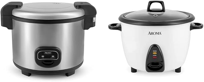 Aroma Housewares 60-Cup (Cooked) (30-Cup UNCOOKED) Commercial Rice Cooker, Stainless Steel Exterior (ARC-1130S) & ARC-360-NGP 20-Cup Pot-Style Rice Cooker & Food Steamer, White