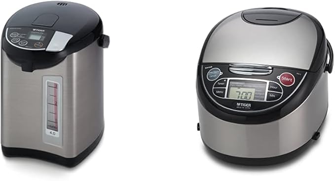 Tiger PDU-A40U-K Electric Water Boiler and Warmer, Stainless Black, 4.0-Liter & 5-Cup (Uncooked) Micom Rice Cooker with Food Steamer & Slow Cooker, Stainless Steel Black