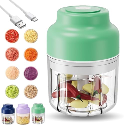 Household Electric Garlic Crusher, Electric Garlic Chopper, Mini Portable Veggie Chopper with 4/6 Stainless Steel Blades, Wireless Rechargeable Food Cutter for Garlic, Onion, Chili (Green,320ML)