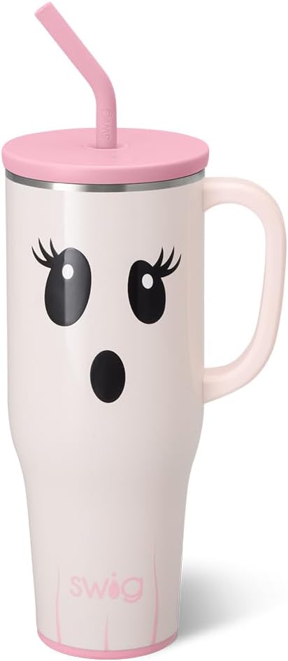 Swig Life 40oz Mega Mug, 40oz Tumbler with Handle and Straw, Extra Large Insulated Tumblers, Cup Holder Friendly Travel Mug (Boo Crew Ghost)