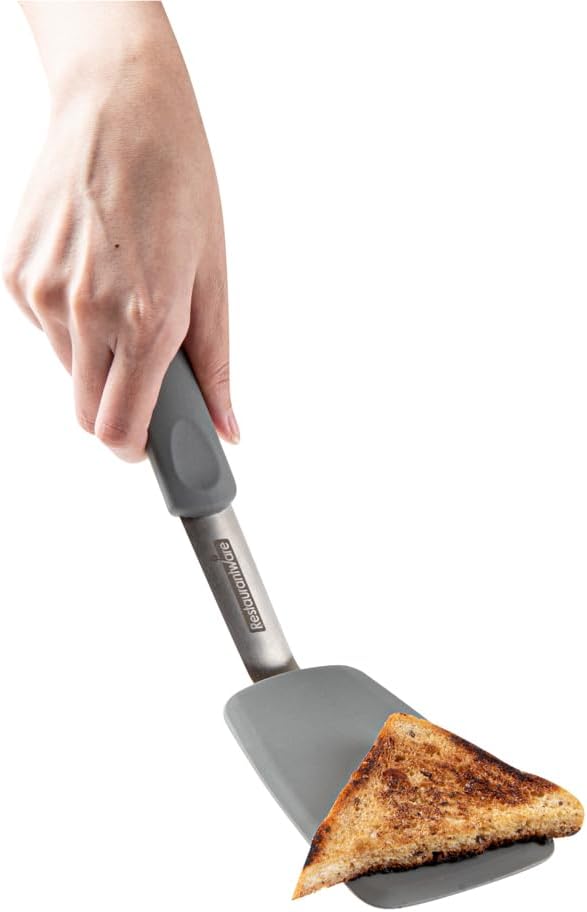 Restaurantware Comfy Grip 12 x 3 Inch Silicone Turner 1 Durable Cooking Turner - Stainless Steel Body Rubber Handle With Hole Gray Silicone Flipper Spatula Tolerates Up To 446F Dishwashable