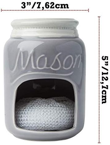 Comfify Ceramic Kitchen Sponge Holder - Farmhouse Style Sink Caddy - Mason Jar Decorative Kitchen Accessory - Country Rustic Sink Decor - Includes Free Sponge - Grey