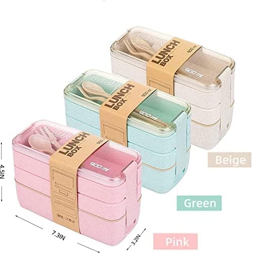 Rarapop 2 Pack Stackable Bento Box Japanese Lunch Box Kit with Spoon & Fork, 3-In-1 Compartment Wheat Straw Meal Prep Containers for Kids & Adults (Green/Beige)
