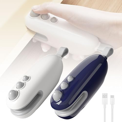 Mini Bag Sealer, 2-in-1 Portable Handheld Heat Sealing Machine with Cutter & Magnet, Rechargeable Snack & Chip Bag Resealer for Food Storage (White - 2 Pack)