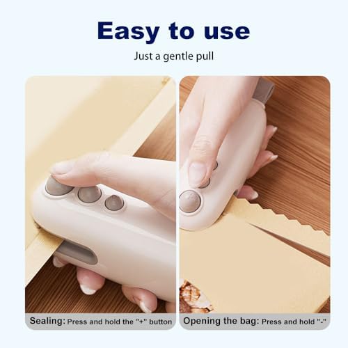 Mini Bag Sealer, 2-in-1 Portable Handheld Heat Sealing Machine with Cutter & Magnet, Rechargeable Snack & Chip Bag Resealer for Food Storage (White - 2 Pack)