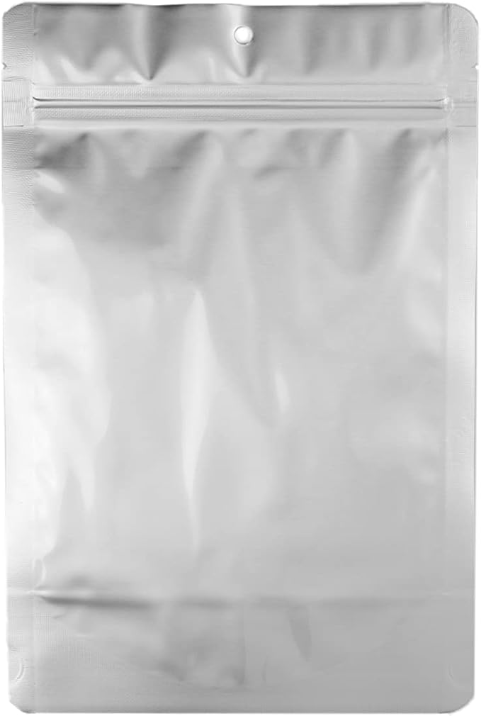 PackFreshUSA: 5 MIL Silver/Clear Stand Up Pouch Bags - Professional Flexible Packaging - Resealable - Seal-Top - Heat-Sealable - Hang Hole - Tear Notch -Large 6x9.5x3.5-100 Pack