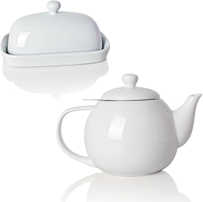 Sweejar Ceramic Butter Dish with Lid for Countertop,Porcelain Butter Keeper with Knob Handle,Butter Container for East/West Coast Butter and Porcelain Teapot with Removable Stainless Steel Infuser
