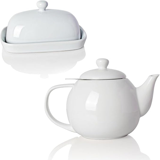 Sweejar Ceramic Butter Dish with Lid for Countertop,Porcelain Butter Keeper with Knob Handle,Butter Container for East/West Coast Butter and Porcelain Teapot with Removable Stainless Steel Infuser