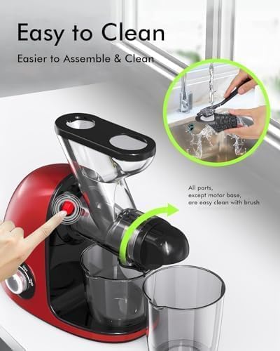 SiFENE Slow Masticating Cold Press Juicer Machines for Fruit & Vegetable, Juice Yield Maker Extractor with Dual Mouth, Quiet Motor & Anti-Clog System, Easy to Clean, BPA Free, Red