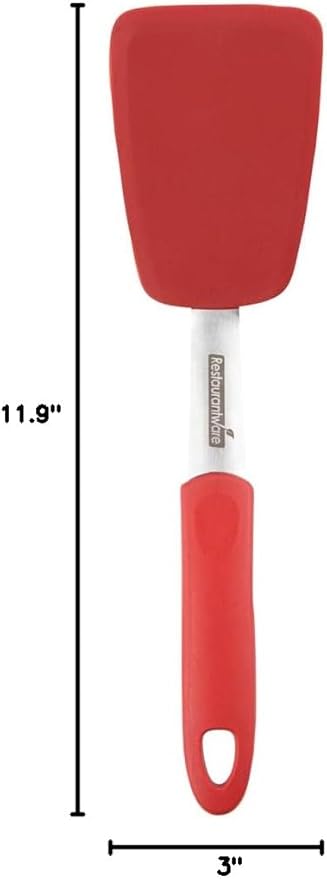 Restaurantware Comfy Grip 11.9 x 3 Inch Silicone Turner 1 Durable Cooking Turner - Stainless Steel Body Rubber Handle With Hole Red Silicone Flipper Spatula Tolerates Up To 446F Dishwashable