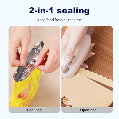 Mini Bag Sealer, 2-in-1 Portable Handheld Heat Sealing Machine with Cutter & Magnet, Rechargeable Snack & Chip Bag Resealer for Food Storage (White - 2 Pack)