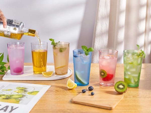 Liacere Color Plastic Drinking Glasses - (Set of 12) 18oz Color Plastic Glasses Colors Reusable，Kitchen Water Glasses Cup, Bar Tumbler Glassware Set for Beer, Juice, Cocktail, Whiskey, Milk