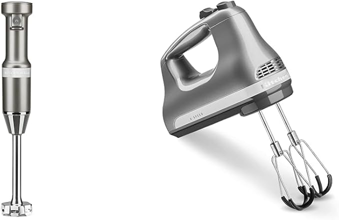 KitchenAid Variable Speed Corded Hand Blender KHBV53, Contour Silver & 6 Speed Hand Mixer with Flex Edge Beaters - KHM6118, 6 Speed w/Flex Edge Beaters, Contour Silver
