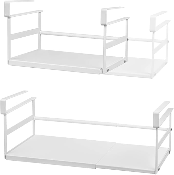 2Pack Under Shelf Storage Basket Organizer Expandable Width Add-On Space Saver Hanging Under Cabinet Pantry Kitchen Countertop Desktop Bookshelf Cupboard Board Slide-in White Heavy-Duty Metal