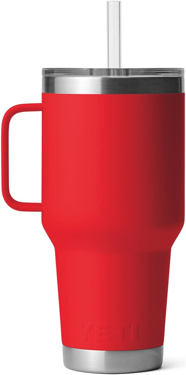 YETI Rambler 35 oz Tumbler with Handle and Straw Lid, Travel Mug Water Tumbler, Vacuum Insulated Cup with Handle, Stainless Steel, Rescue Red