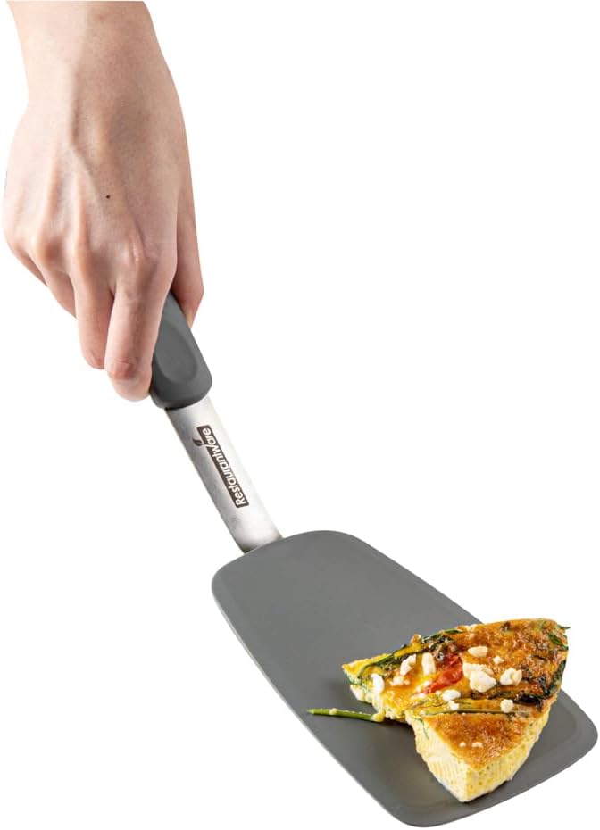 Restaurantware Comfy Grip 13.3 x 4 Inch Silicone Turner 1 Durable Cooking Turner - Stainless Steel Body Rubber Handle With Hole Gray Silicone Flipper Spatula Tolerates Up To 446F Dishwashable