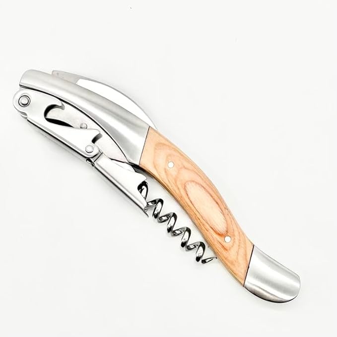 Solid Oak & Stainless Steel Wine Opener With Two Step Cork Pull Lever, Five Spiral Worm and Serrated Knife, Heavy Weighted Feel and Quality Construction. The Superior Waiter's Corkscrew.