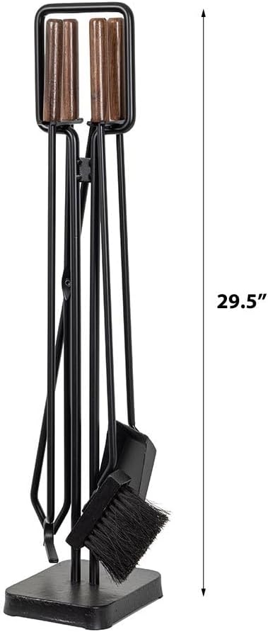 Modern Ember Levi 5 Piece Fireplace Tool Set in Black with Walnut Wood Handles | Includes Brush, Shovel, Fire Poker, Tongs, and Stand | Heavy-Duty Steel | Heat-Resistant Powder Coating