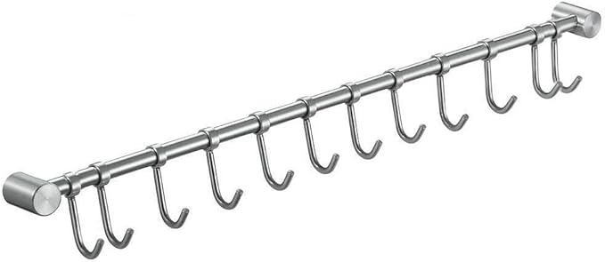 Premium Stainless Steel Kitchen Tool Utensil Organizer Bar Rack with Movable Hooks for Pan Pot Spoon Towel (Traditional, 12 Hooks)