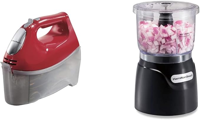 Hamilton Beach 6-Speed Electric Hand Mixer, Red & Electric Vegetable Chopper & Mini Food Processor, 3-Cup, 350 Watts, for Dicing, Mincing, and Puree, Black (72850)