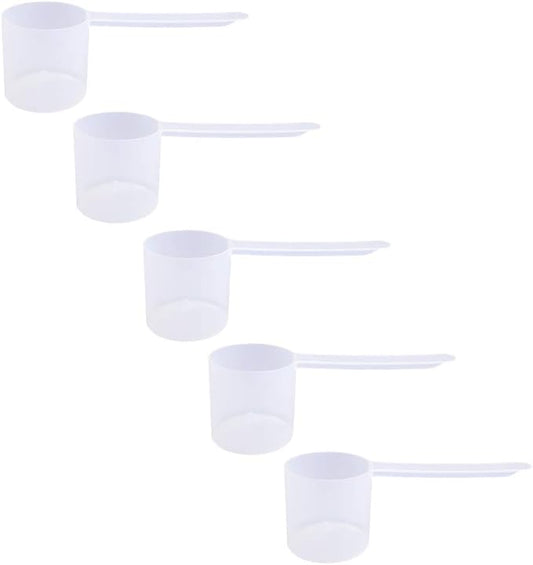 Plastic Measuring Scoop, (70 cc | 4.73 tbsp | 2.37 fl oz. | 70 mL) Long Handle Spoons for Powders, Granules, Coffee, Pet Food, Baking Supplies, Protein and Other Dry Goods, BPA Free (Set of 5)